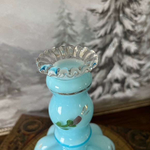 Vintage Blue Hand-Painted Glass Bottle Vase Floral Ruffled Rim No Stopper - Picture 9 of 10